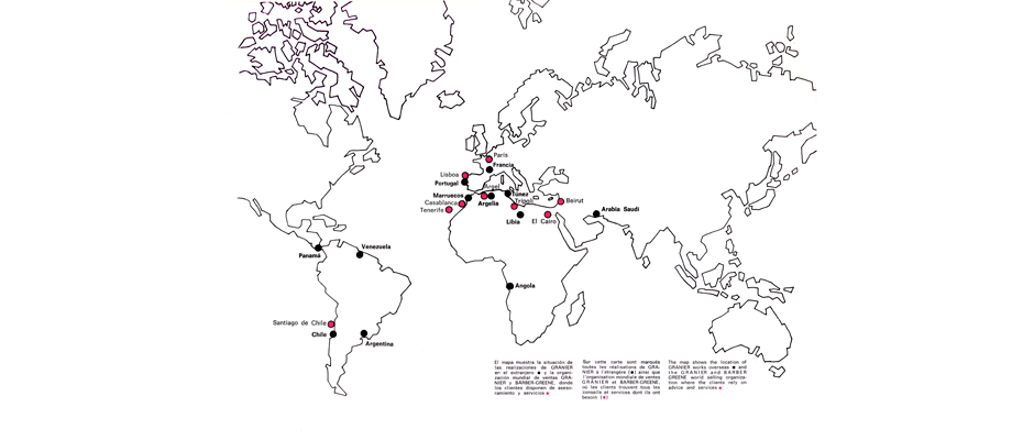 Mapa del mundo con los lugares donde Granier ha trabajado en Europa, África y Sur América